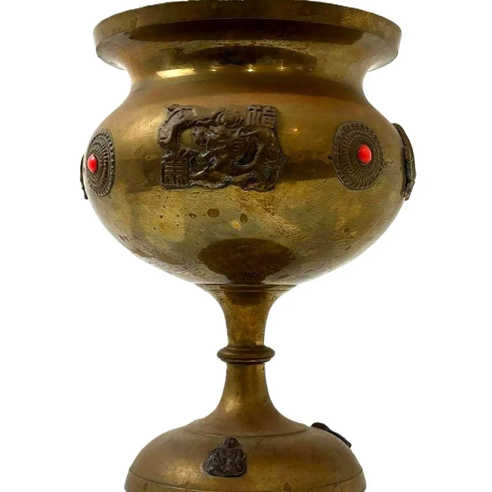 Vintage Chinese dragons Urn Vessel Sino Tibetan Buddhist Chalice Goblet Brass